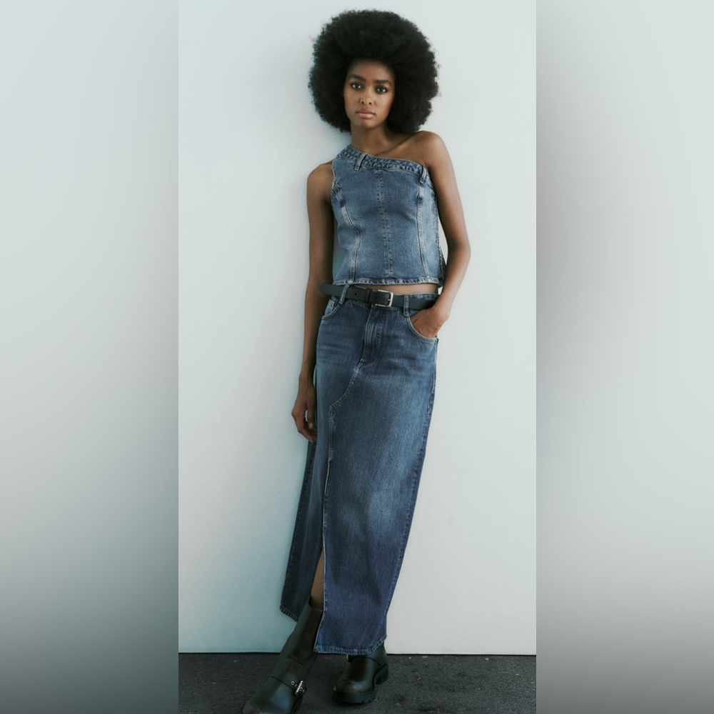 Zara Blue Denim One-Shoulder Top